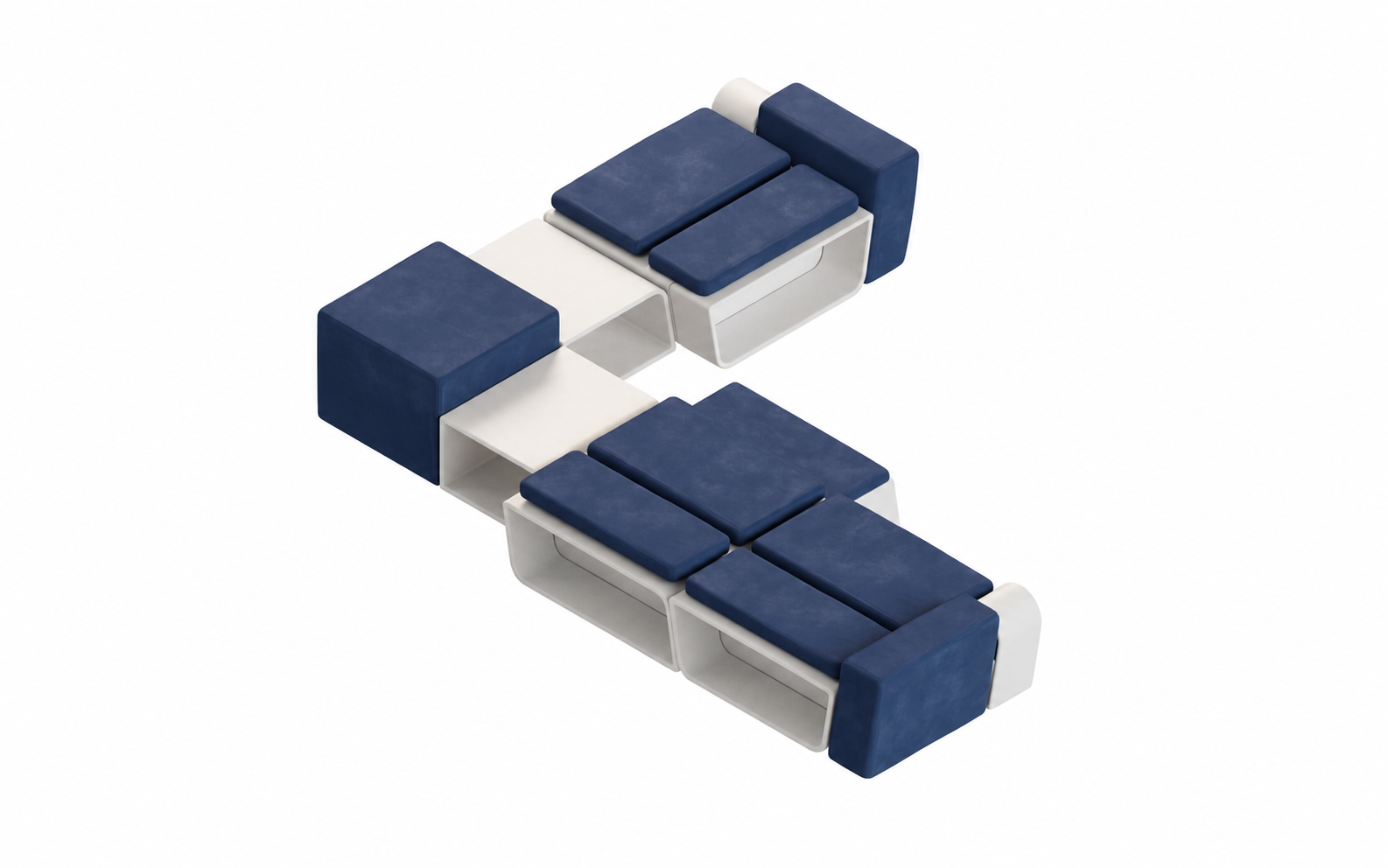 Close-up of blue upholstered seating and integrated storage