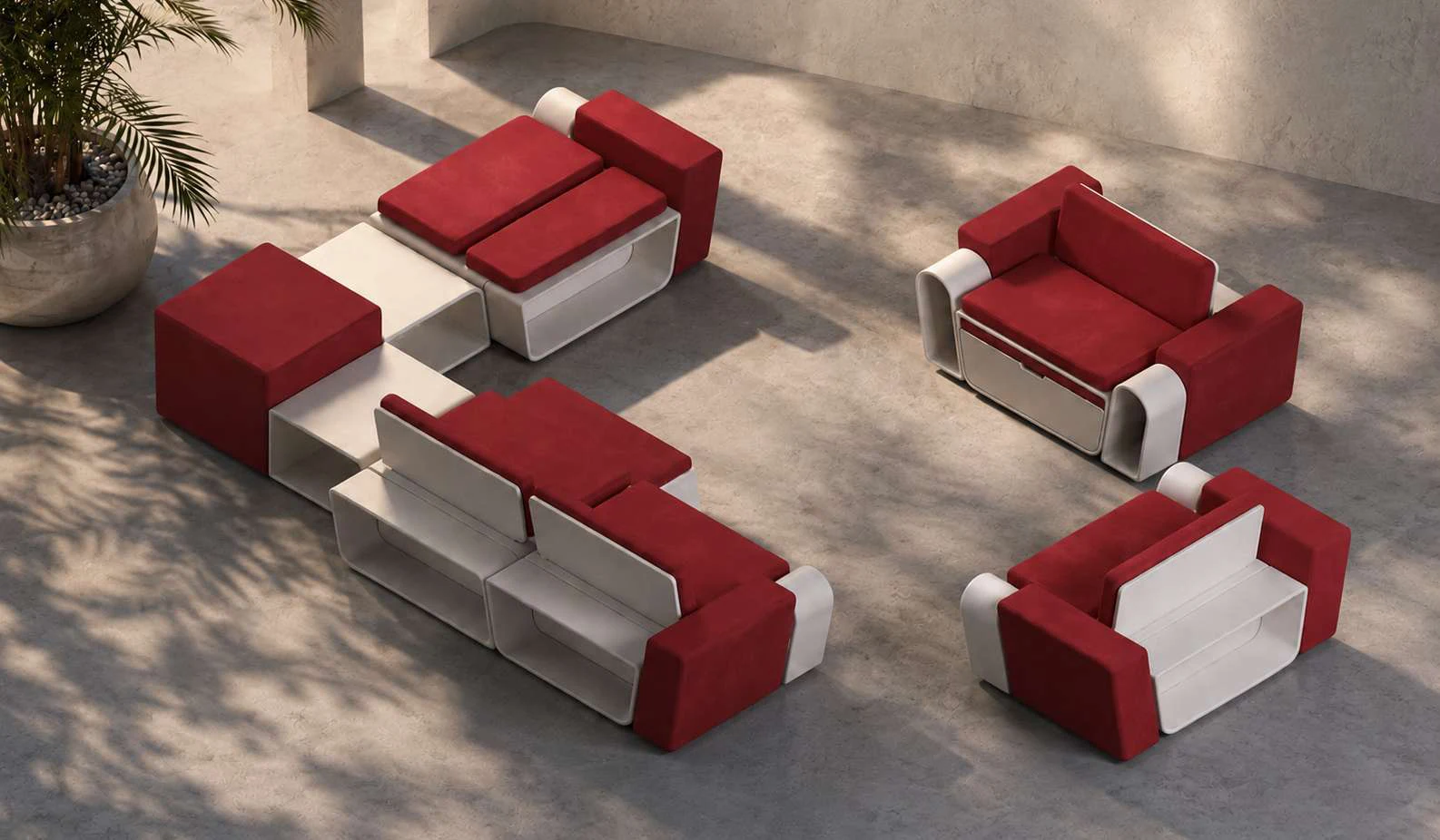 Different Compackto configurations with red upholstery