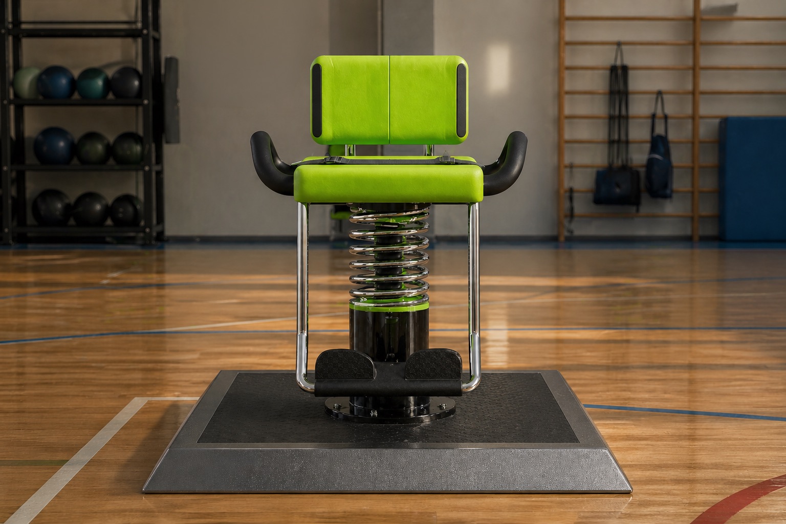 Front view of the green Helix seat and central spring