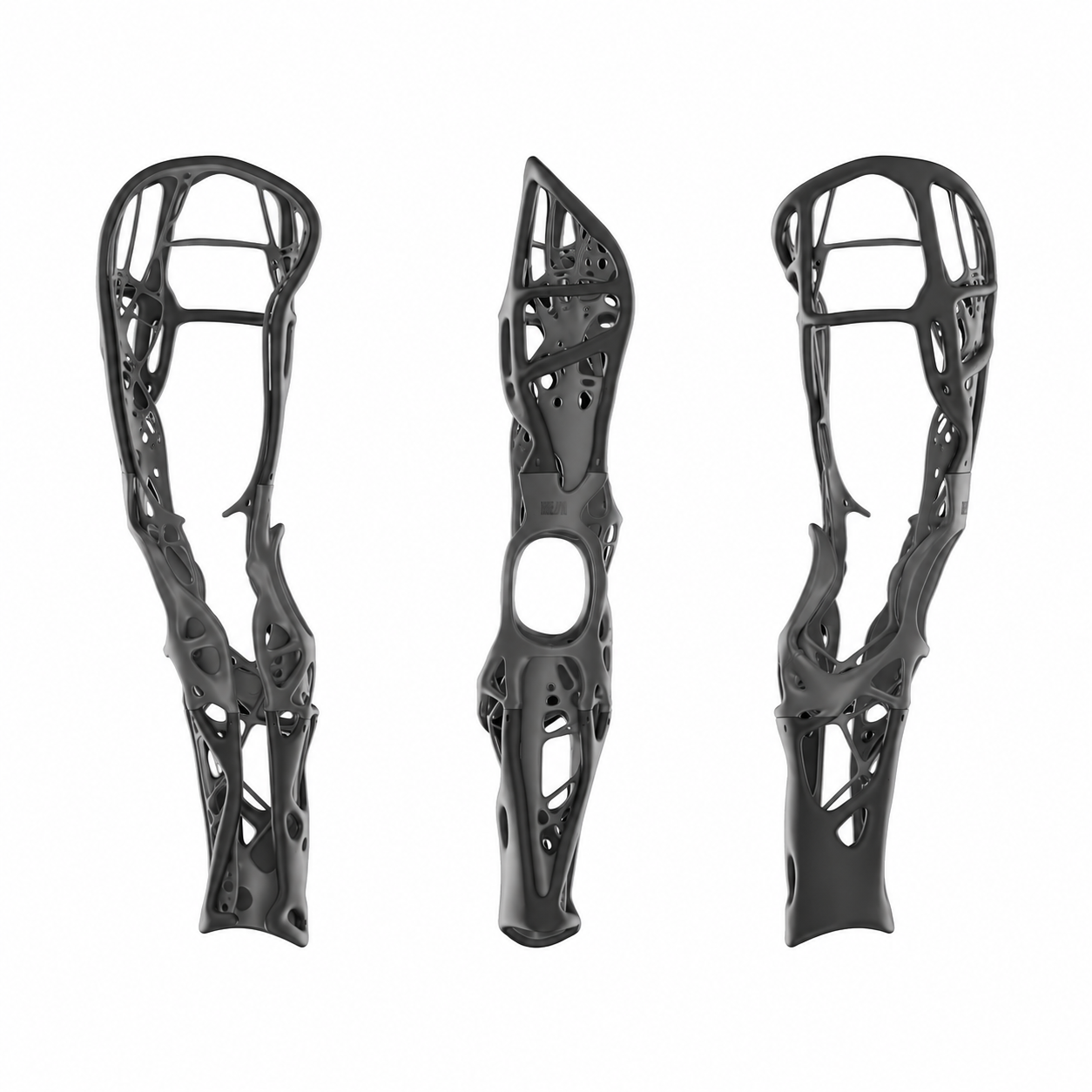 Three views of the open RHEON wearable structure on a dark background